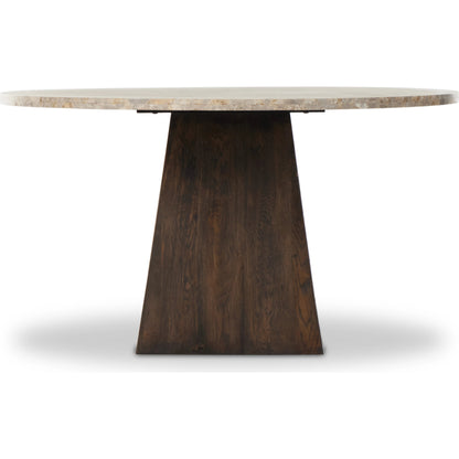 Brisa Round Dining Table by Four Hands in grey tobacco oak, dune onyx. Made from onyx, solid oak, engineered hardwood in a modern style.