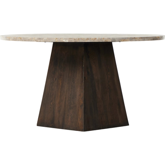 Brisa Round Dining Table by Four Hands in grey tobacco oak, dune onyx. Made from onyx, solid oak, engineered hardwood in a modern style.