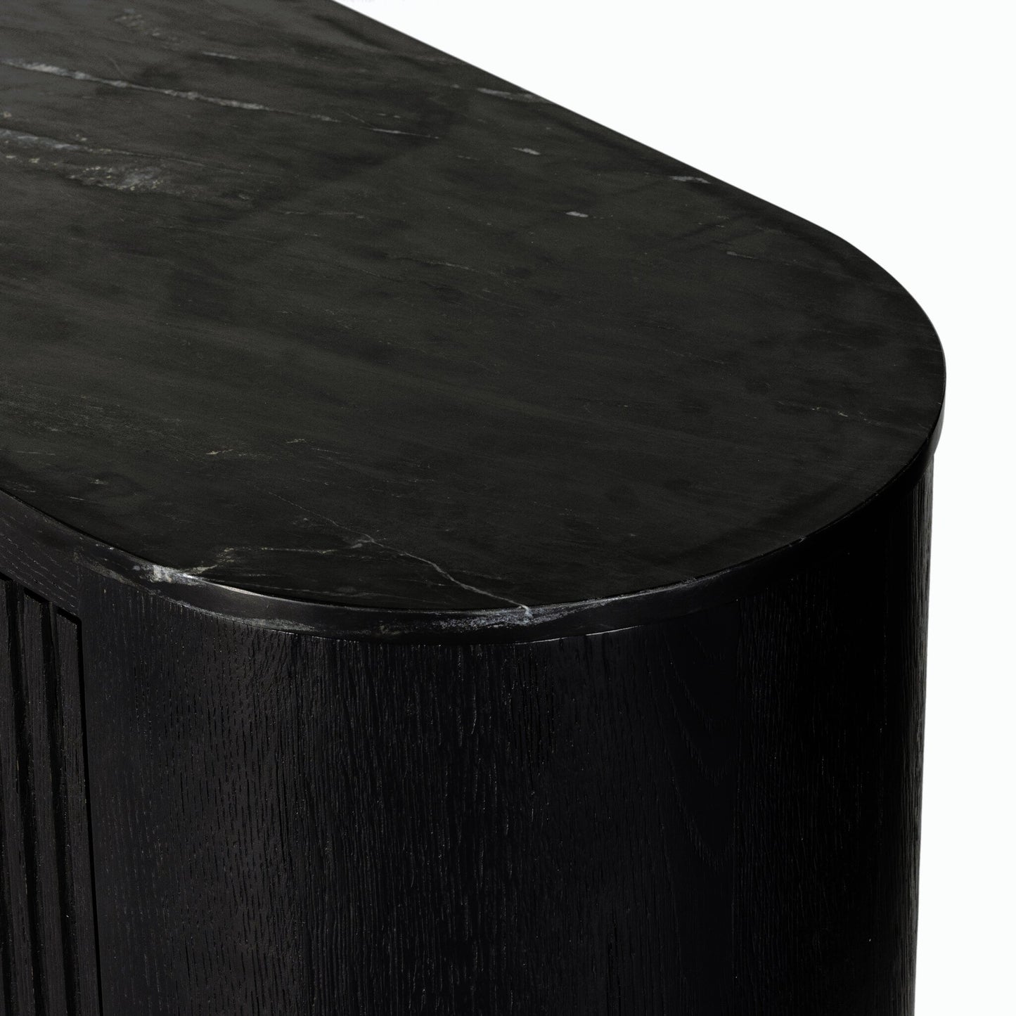 021 SI-1977339 | Closeup | Giovani Media Console by Four Hands in black oak veneer, black reeded oak. Made from solid oak, resawn oak in a modern style.