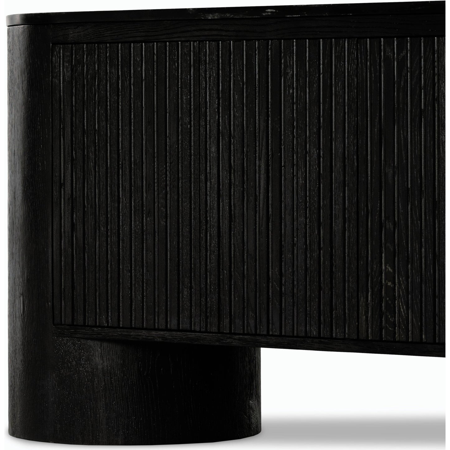 022 SI-1977339 | Closeup | Giovani Media Console by Four Hands in black oak veneer, black reeded oak. Made from solid oak, resawn oak in a modern style.