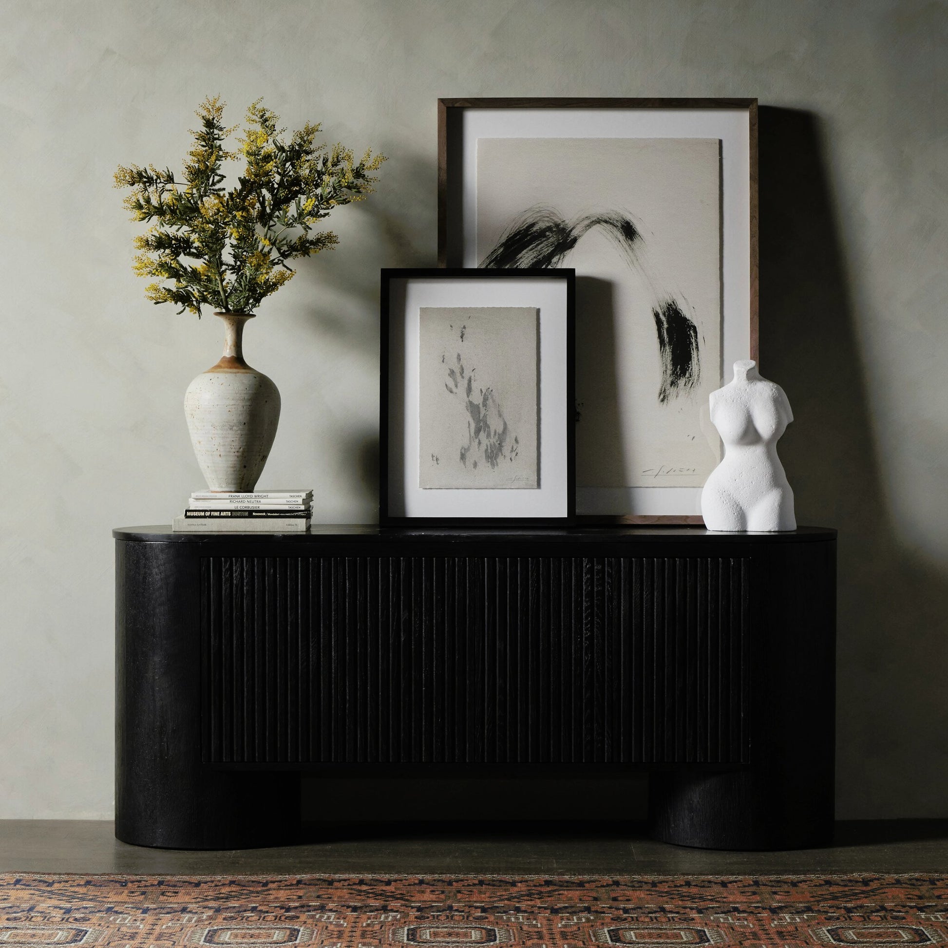 Giovani Media Console by Four Hands in black oak veneer, black reeded oak. Made from solid oak, resawn oak in a modern style.