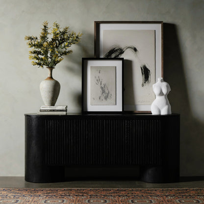 Giovani Media Console by Four Hands in black oak veneer, black reeded oak. Made from solid oak, resawn oak in a modern style.