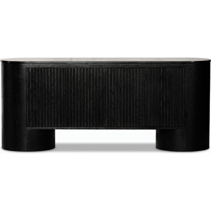 Giovani Media Console by Four Hands in black oak veneer, black reeded oak. Made from solid oak, resawn oak in a modern style.