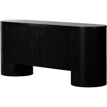 Giovani Media Console by Four Hands in black oak veneer, black reeded oak. Made from solid oak, resawn oak in a modern style.