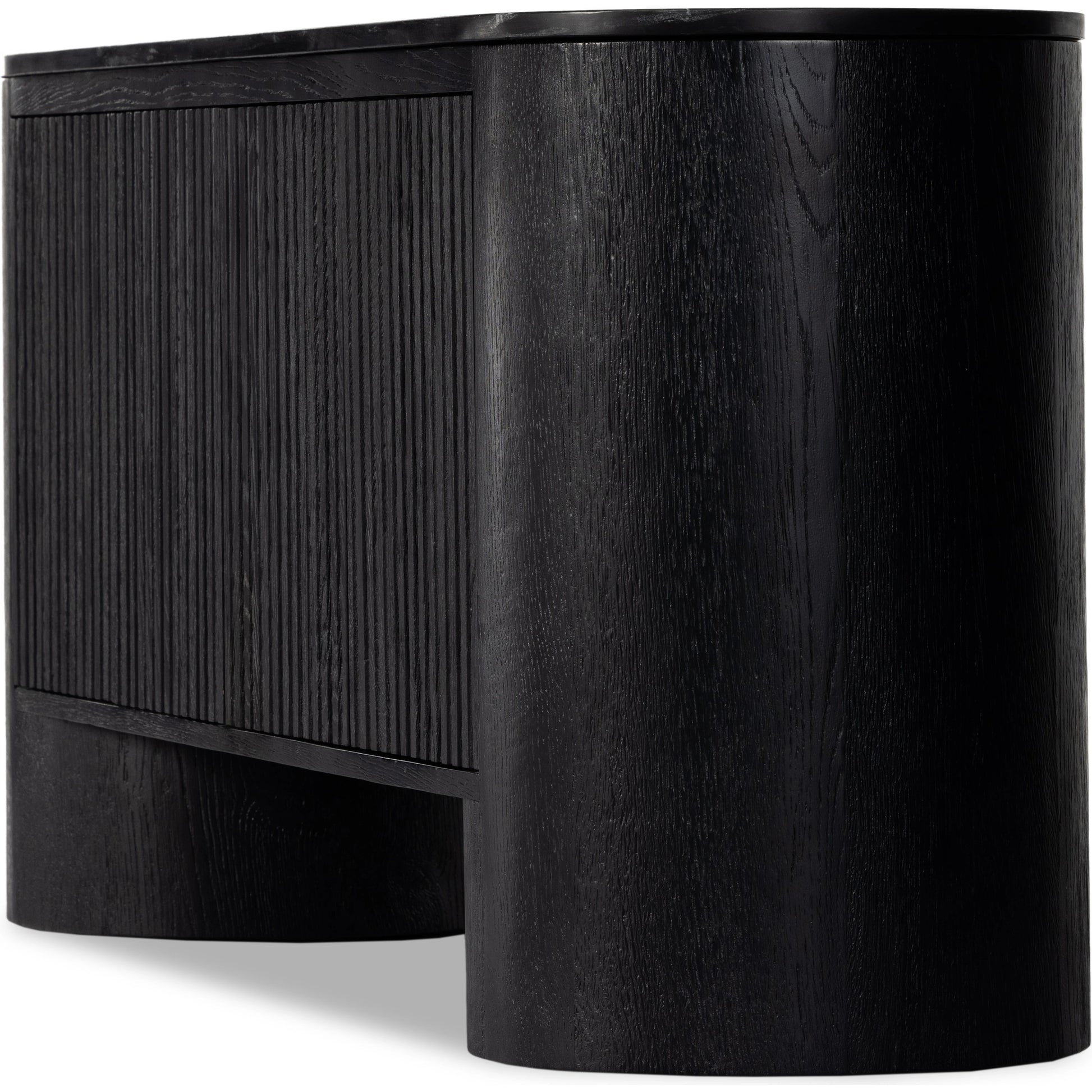 Giovani Media Console by Four Hands in black oak veneer, black reeded oak. Made from solid oak, resawn oak in a modern style.