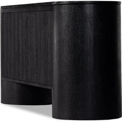 Giovani Media Console by Four Hands in black oak veneer, black reeded oak. Made from solid oak, resawn oak in a modern style.