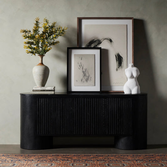 Giovani Media Console by Four Hands in black oak veneer, black reeded oak, black marble. Made from solid oak, resawn oak in a modern style.
