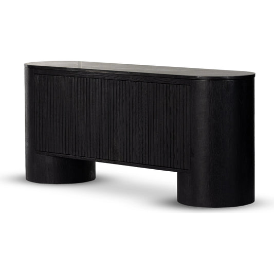Giovani Media Console by Four Hands in black oak veneer, black reeded oak, black marble. Made from solid oak, resawn oak in a modern style.