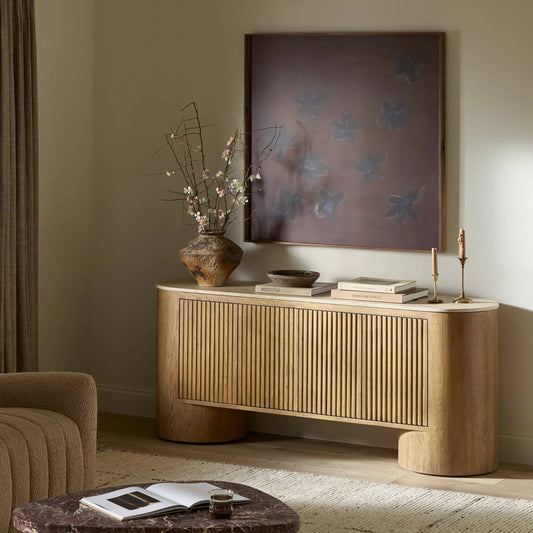 Giovani Media Console by Four Hands in natural light oak veneer. Made from oak veneer, solid oak in a transitional style.