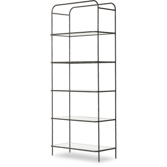 Swinton Bookcase by Four Hands in hammered gunmetal. Made from iron, glass in a modern style.