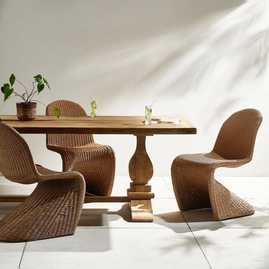 Novell Outdoor Dining Table by Four Hands in reclaimed natural. Made from solid fsc® reclaimed teak in a modern style.