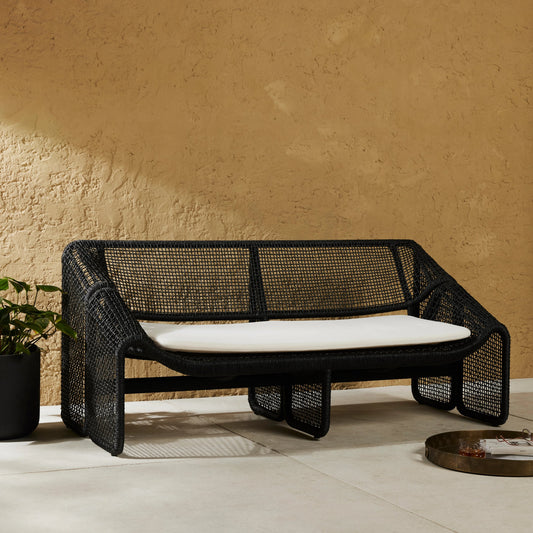 Selma Outdoor Sofa by Four Hands in venao ivory. Made from 100% olefin, 100% polyethylene, 91% polyurethane foam pad, 9% polyester fiber batting in a modern style.