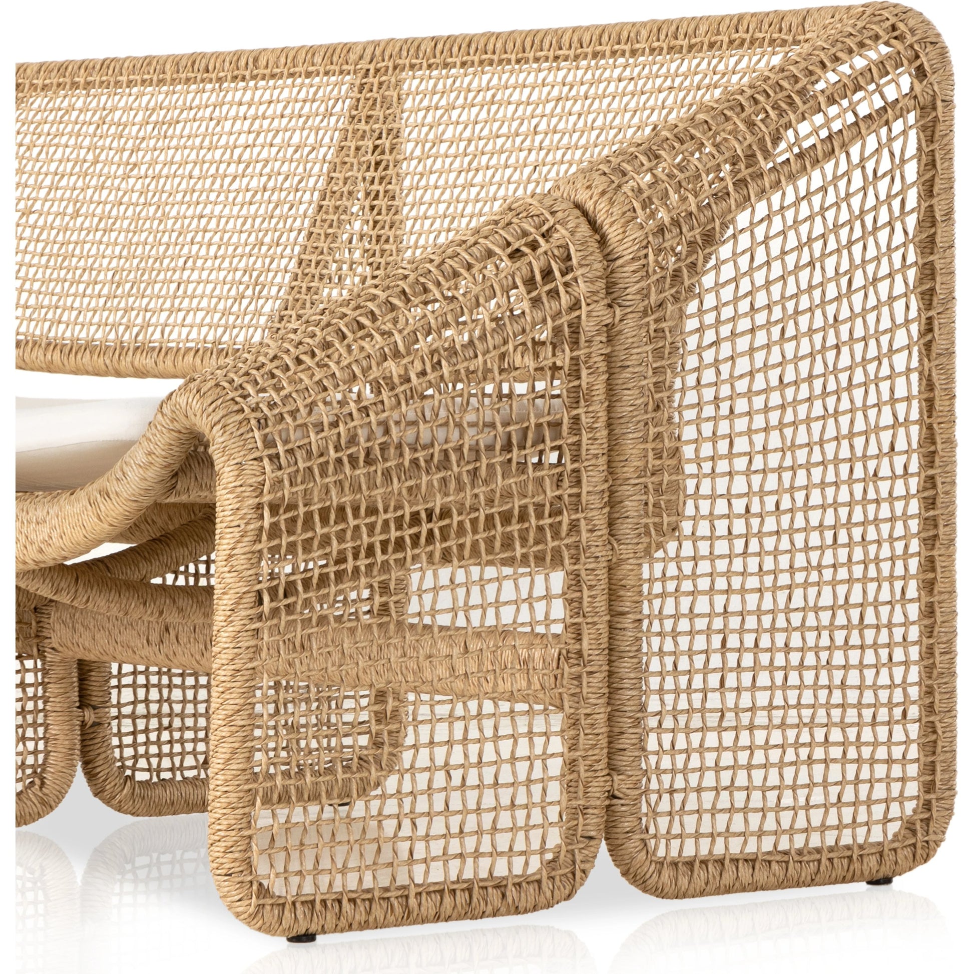 Selma Outdoor Sofa by Four Hands in venao ivory. Made from 100% olefin, 100% polyethylene, 91% polyurethane foam pad, 9% polyester fiber batting in a modern style.