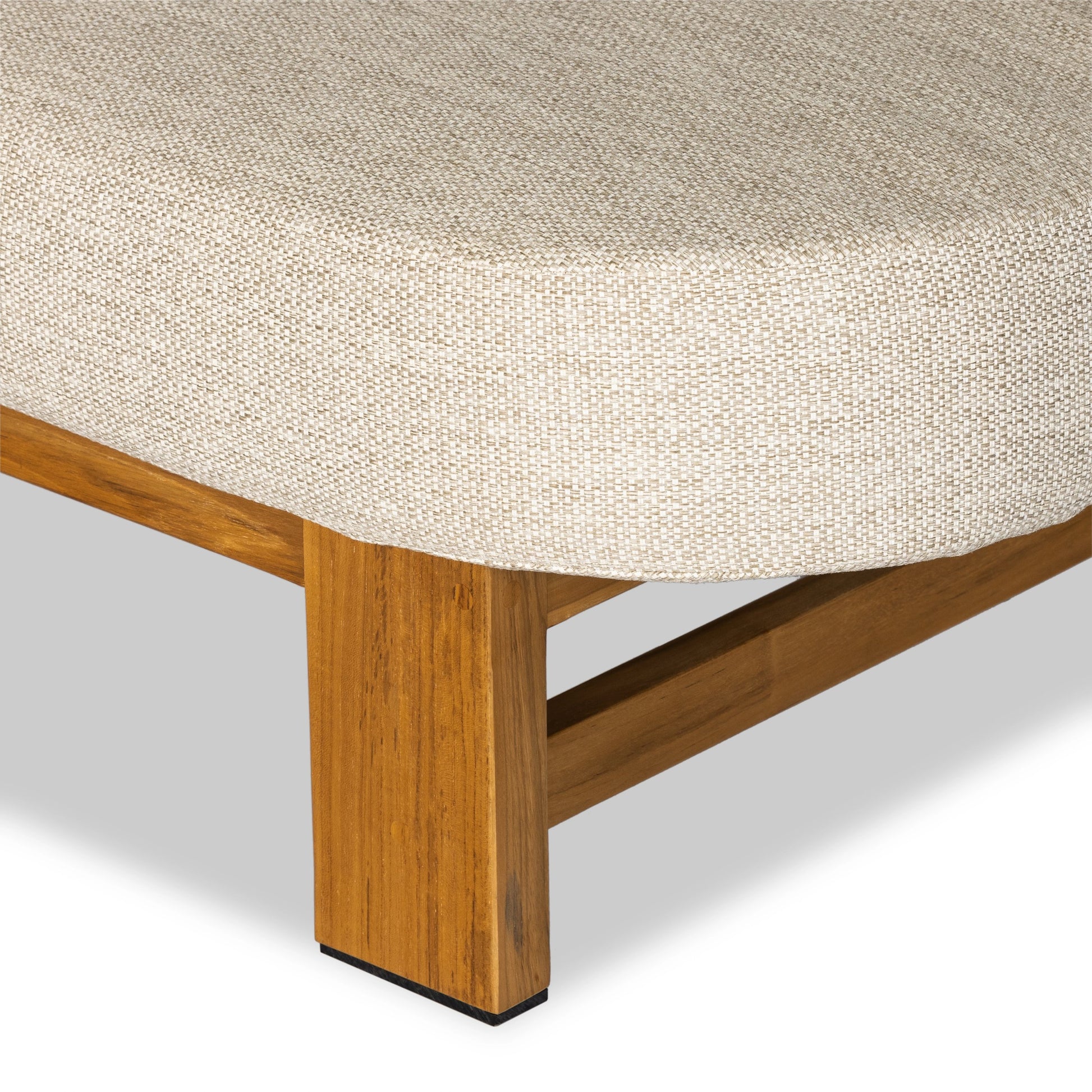 Malta Outdoor Sofa by Four Hands in faye sand. Made from 100% olefin, solid fsc®-certified teak, 91% polyurethane foam pad, 9% polyester fiber batting in a modern style.