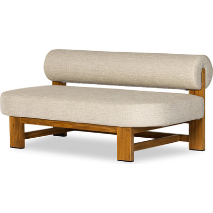 Malta Outdoor Sofa by Four Hands in faye sand. Made from 100% olefin, solid fsc®-certified teak, 91% polyurethane foam pad, 9% polyester fiber batting in a modern style.