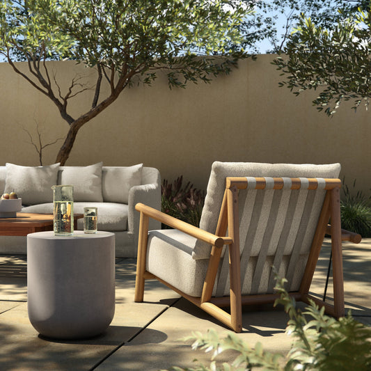 Cardiff Outdoor Chair by Four Hands in faye sand, natural teak-fsc, ivory strap. Made from 100% olefin, solid fsc®-certified teak, 100% polypropylene in a modern style.