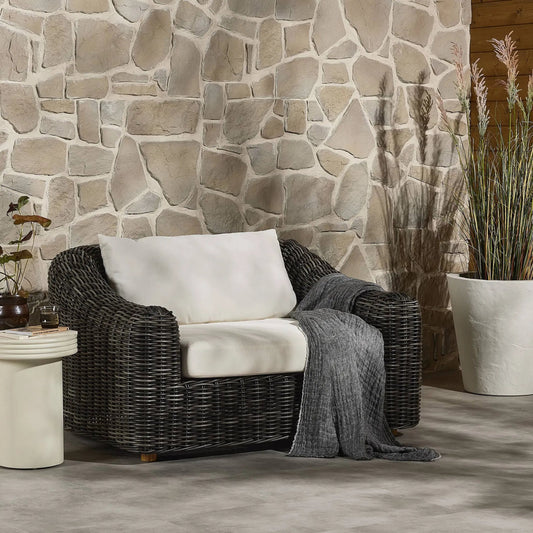 Messina Outdoor Chair by Four Hands in venao ivory, natural teak-fsc, chunky charcoal woven. Made from 100% olefin, solid fsc®-certified teak, 100% polyethylene in a modern style.