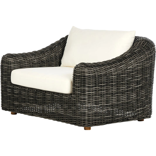Messina Outdoor Chair by Four Hands in venao ivory, natural teak-fsc, chunky charcoal woven. Made from 100% olefin, solid fsc®-certified teak, 100% polyethylene in a modern style.