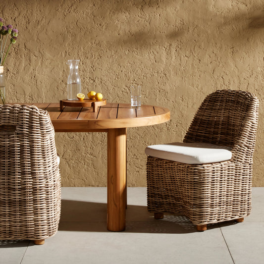 Messina Outdoor Dining Chair by Four Hands in venao ivory, chunky sand woven. Made from 100% olefin, solid fsc®-certified teak, 100% polyethylene in a cottage & farmhouse style.