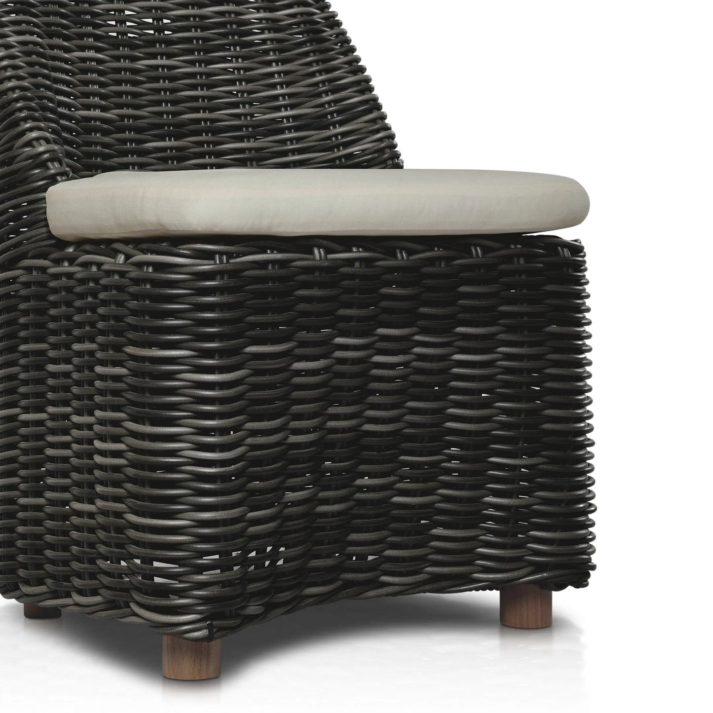 023 SI-2320171 | Closeup | Messina Outdoor Dining Chair by Four Hands in venao ivory, natural teak-fsc, chunky charcoal woven. Made from 100% olefin, solid fsc®-certified teak, 100% polyethylene in a cottage & farmhouse style.