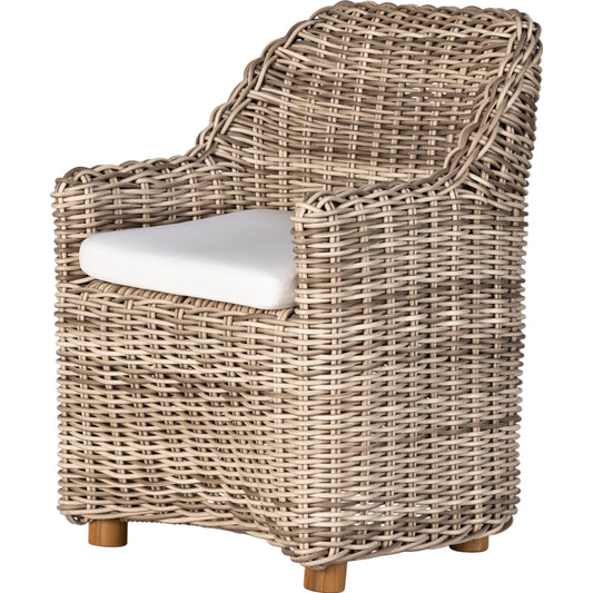 Messina Outdoor Dining Armchair by Four Hands in venao ivory, natural teak-fsc, chunky charcoal woven. Made from 100% olefin, solid fsc®-certified teak, 100% polyethylene in a cottage & farmhouse style.
