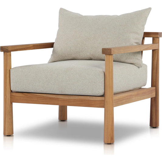 Irvine Outdoor Chair by Four Hands in hayes cream and natural teak. Made from 100% olefin, solid teak, 59% polyurethane foam, 30% polyester fiber, 11% polyester fiber batting in a modern style.