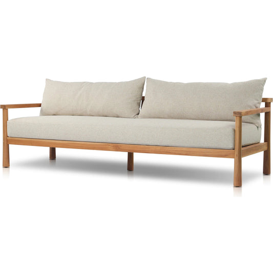 Irvine Outdoor Sofa by Four Hands in hayes cream and natural teak. Made from 100% olefin, solid teak, 59% polyurethane foam, 30% polyester fiber, 11% polyester fiber batting in a modern style.