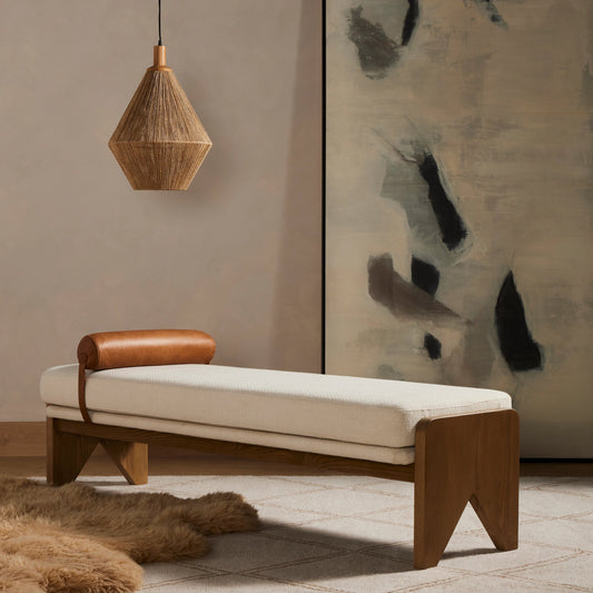 Conlen Accent Bench by Four Hands in toasted ash solid, sonoma butterscotch, gibson white. Made from 97% polyester, 3% acrylic, solid ash, top grain leather in a modern style.