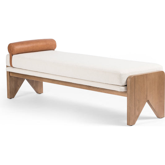 Conlen Accent Bench by Four Hands in toasted ash solid, sonoma butterscotch, gibson white. Made from 97% polyester, 3% acrylic, solid ash, top grain leather in a modern style.