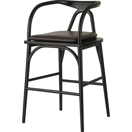Veda Bar Stool by Four Hands in sonoma black, brushed ebony. Made from top grain leather, solid nettlewood in a modern style.