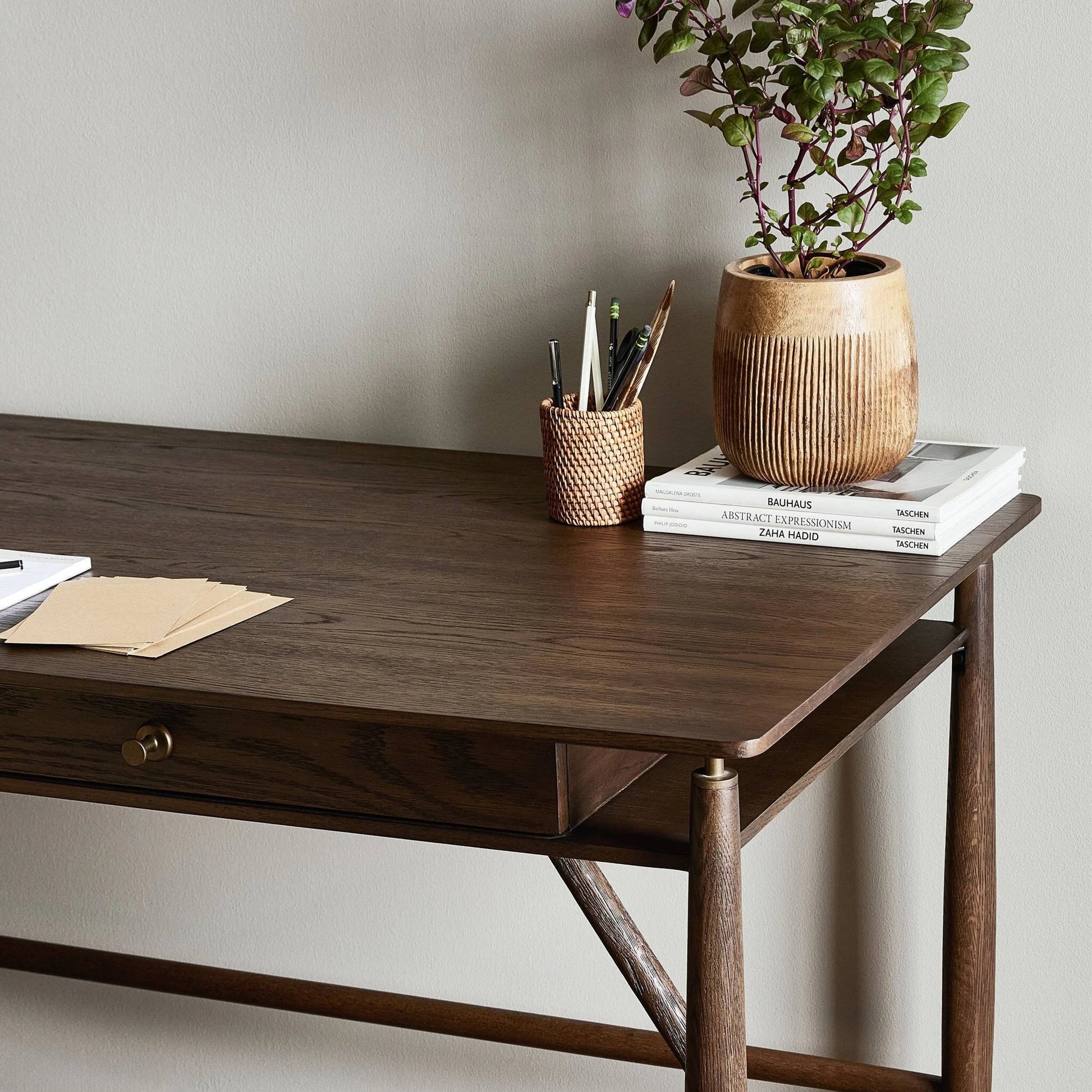 Markia Desk by Four Hands in aged oak veneer. Made from oak veneer, solid oak in a modern style.