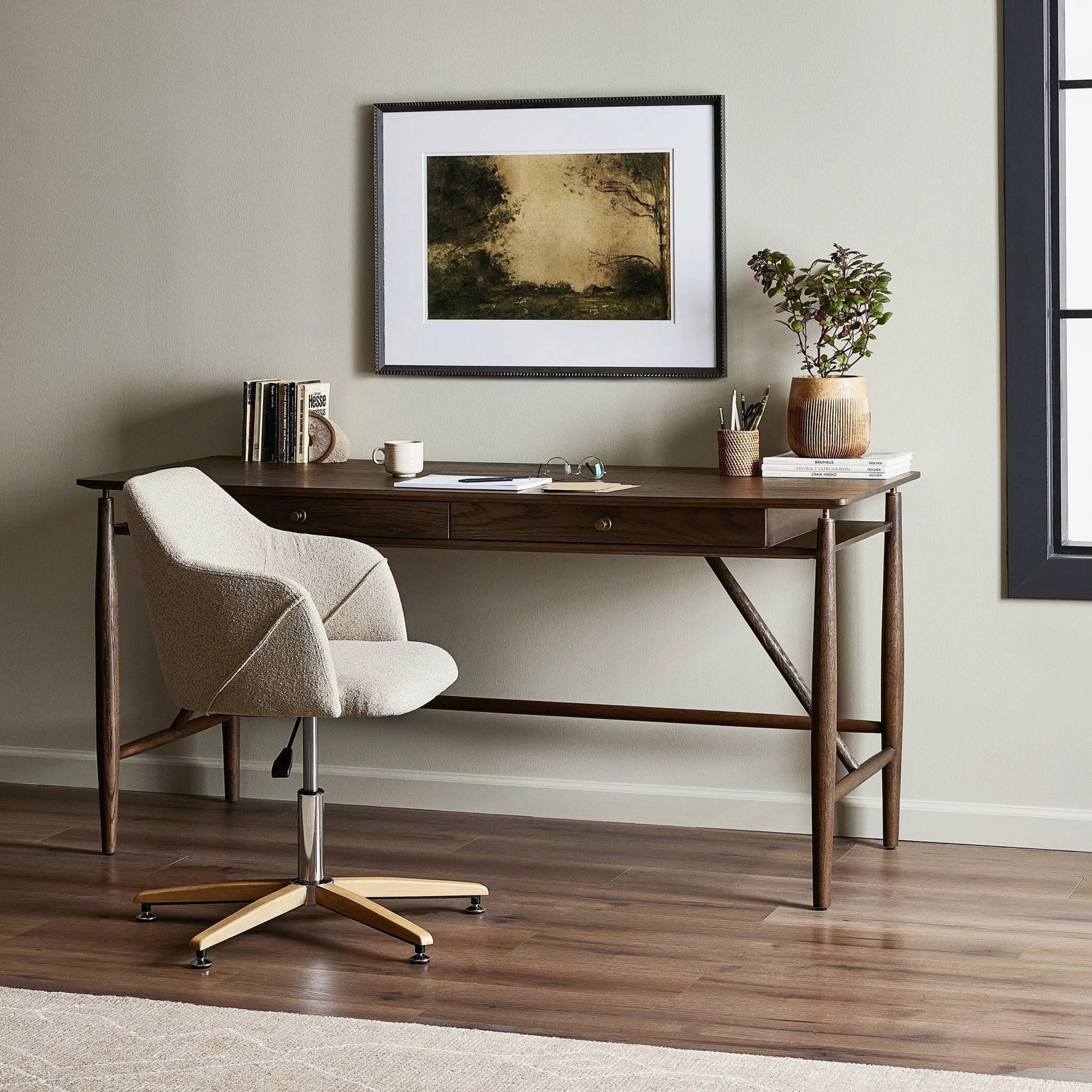 Markia Desk by Four Hands in aged oak veneer. Made from oak veneer, solid oak in a modern style.