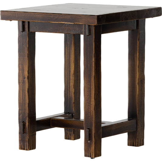 Rinda End Table by Four Hands in distressed walnut. Made from solid birch in a modern style.