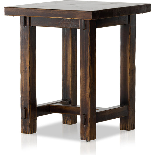 Rinda End Table by Four Hands in distressed walnut. Made from solid birch in a modern style.