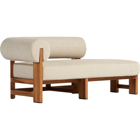 Malta Outdoor Chaise by Four Hands in faye sand. Made from 100% olefin, solid fsc®-certified teak, 91% polyurethane foam pad, 9% polyester fiber batting in a modern style.