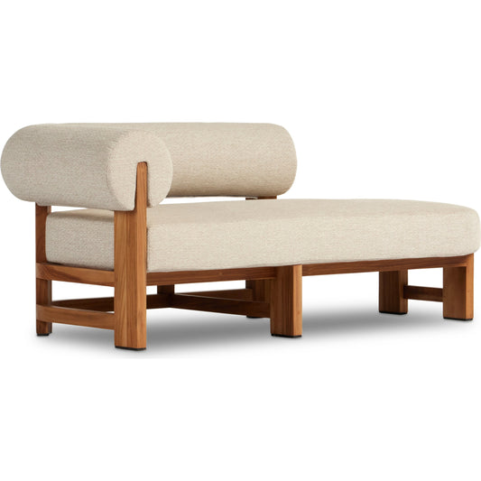 Malta Outdoor Chaise by Four Hands in faye sand. Made from 100% olefin, solid fsc®-certified teak, 91% polyurethane foam pad, 9% polyester fiber batting in a modern style.
