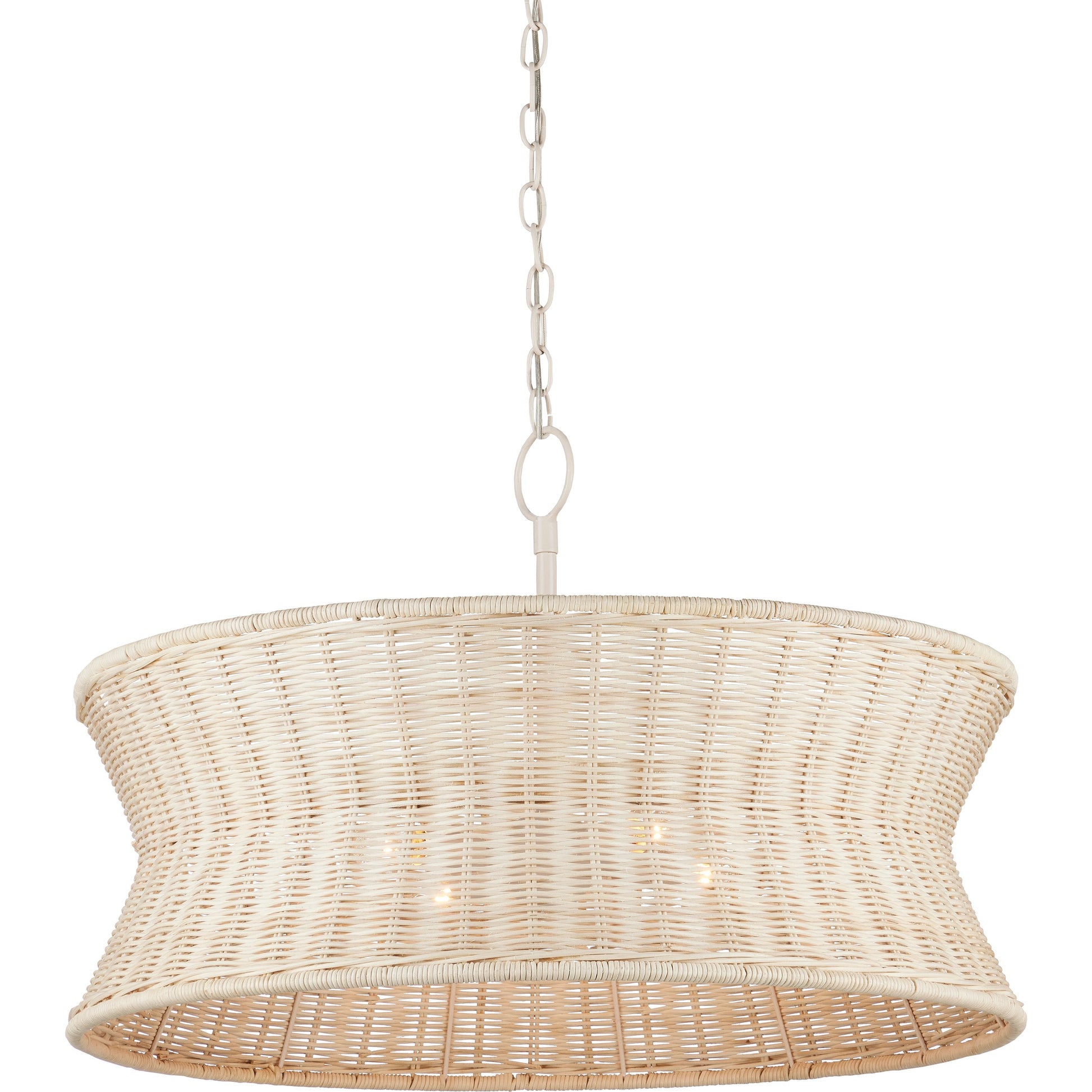 Phebe Chandelier by Currey and Company in bleached natural, vanilla. Made from rattan, wrought iron in a cottage & farmhouse style.