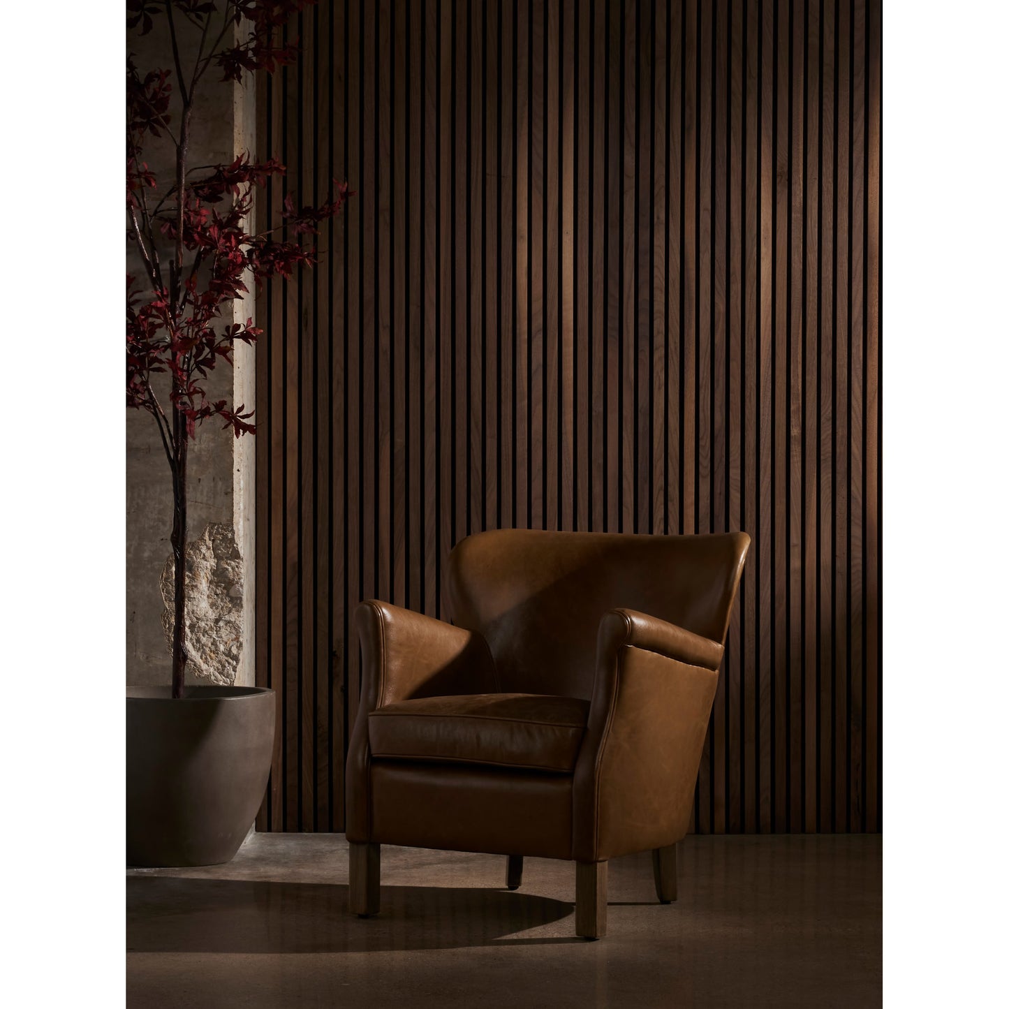 003 SI-1901568 | Lifestyle | Wycliffe Chair by Four Hands in vintage soft camel, weathered ash. Made from top grain leather, solid ash, 100% polyester in a modern style.