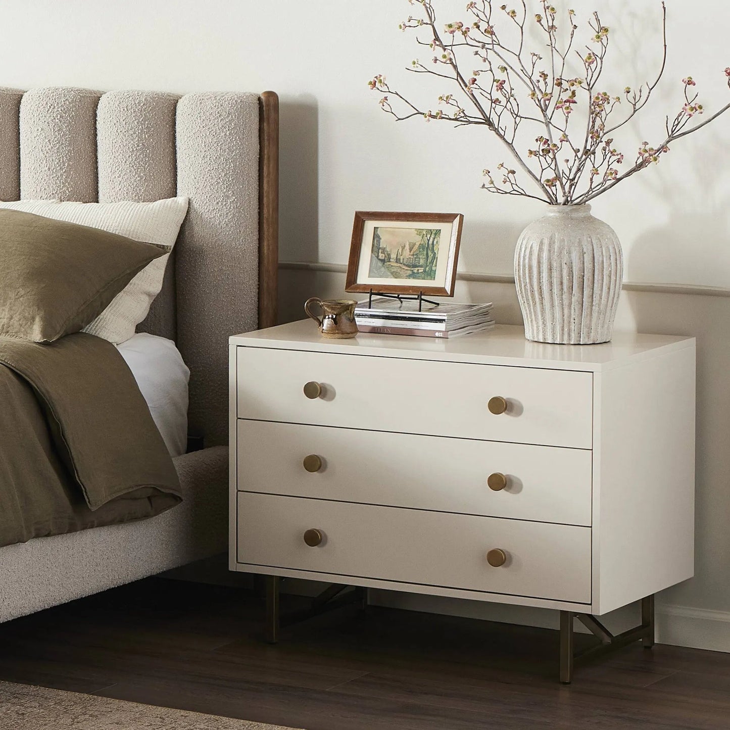 012 SI-1977891 | Lifestyle | Van Rectangular Nightstand by Four Hands in alabaster. Made from engineered hardwood, stainless steel, iron in a modern style.