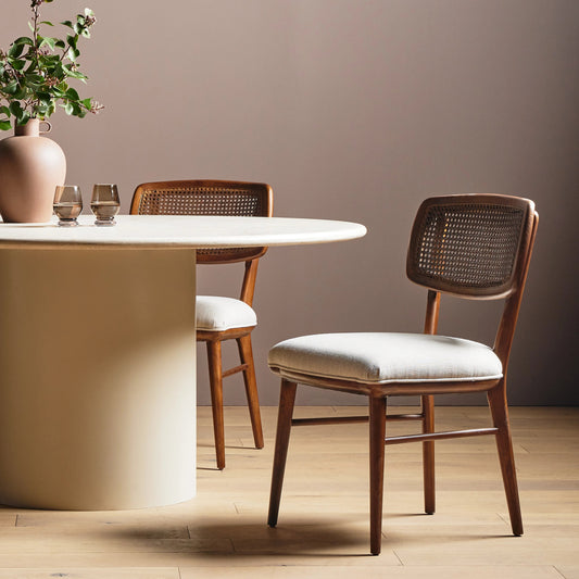 Beacon Dining Chair by Four Hands in almond cane, hockney linen. Made from 86% polyester, 14% flax, linen, solid nettlewood, cane in a coastal style.