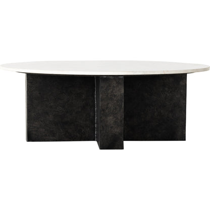 Terrell Round Coffee Table by Four Hands in raw black, polished white marble. Made from solid marble, aluminum, engineered hardwood in a modern style.