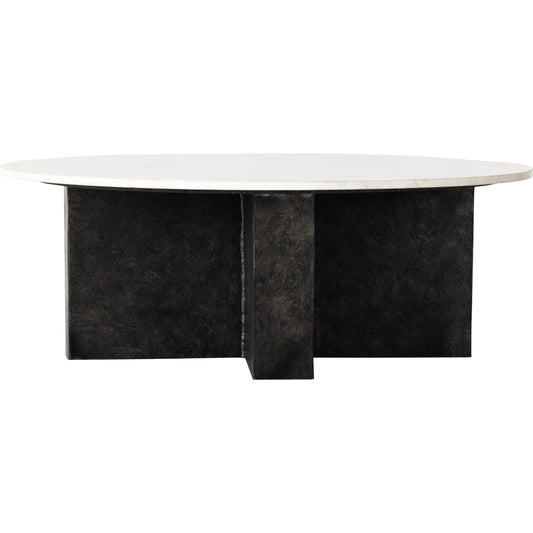 001 SI-1977850 | Primary Silo | Terrell Round Coffee Table by Four Hands in raw black, polished white marble. Made from solid marble, aluminum, engineered hardwood in a modern style.
