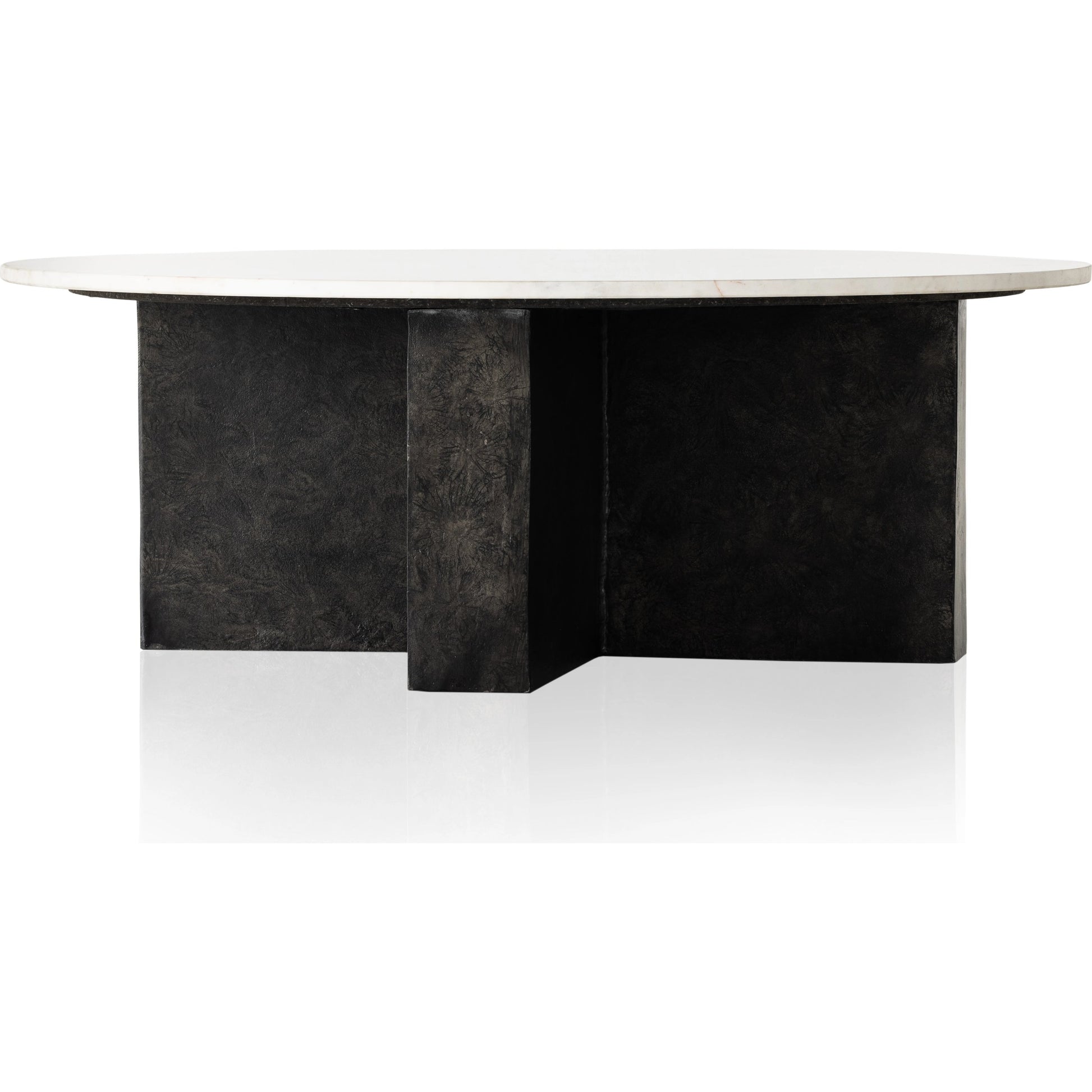 Terrell Round Coffee Table by Four Hands in raw black, polished white marble. Made from solid marble, aluminum, engineered hardwood in a modern style.