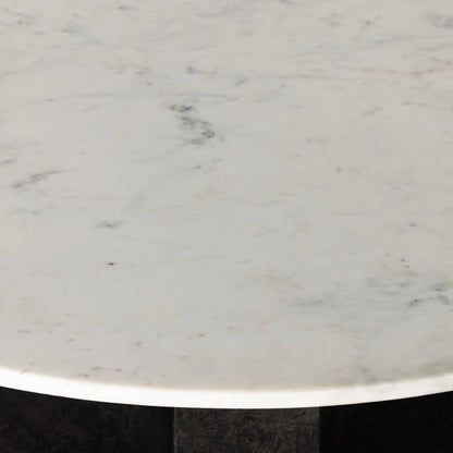 Terrell Round Coffee Table by Four Hands in raw black, polished white marble. Made from solid marble, aluminum, engineered hardwood in a modern style.
