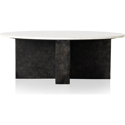 Terrell Round Coffee Table by Four Hands in raw black, polished white marble. Made from solid marble, aluminum, engineered hardwood in a modern style.