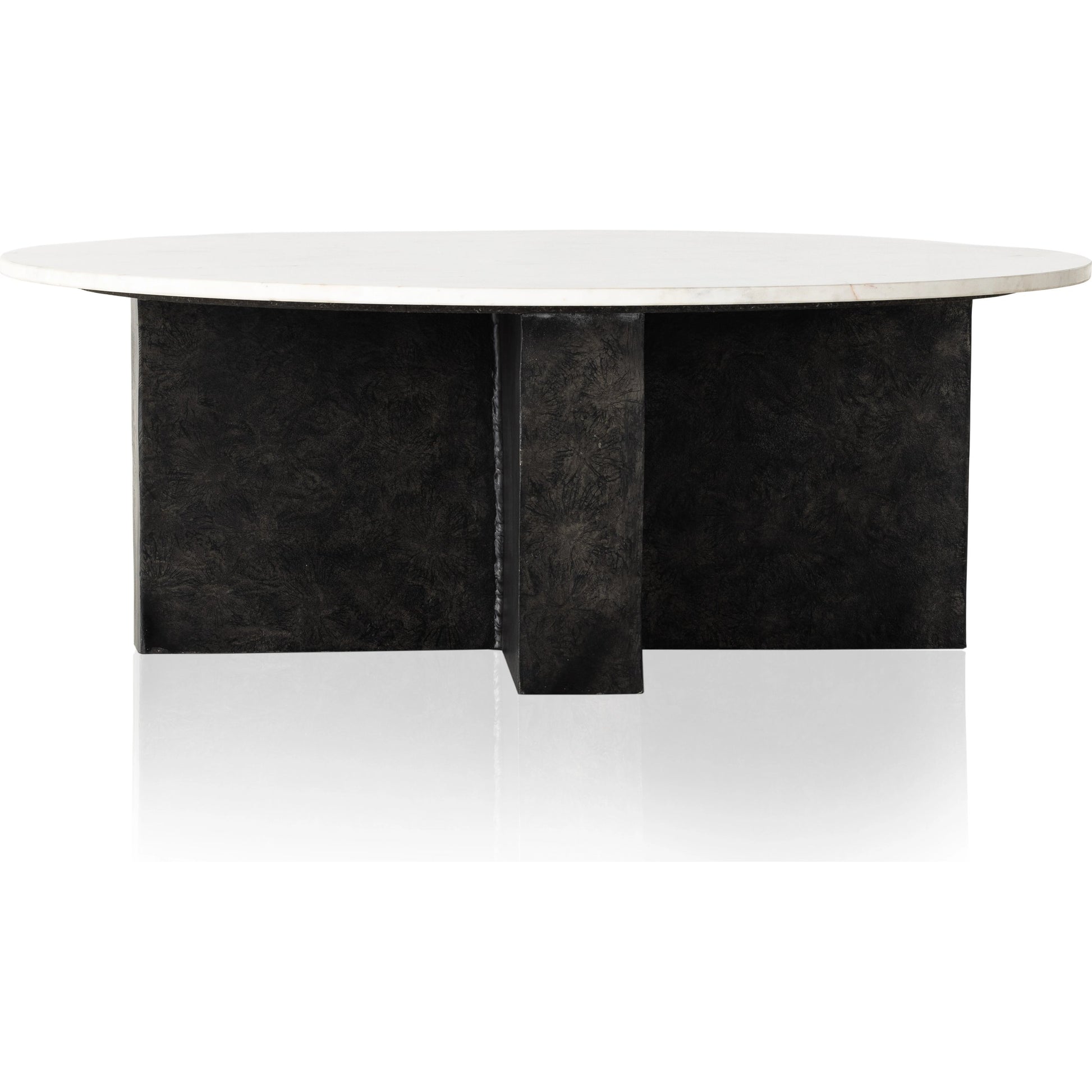 Terrell Round Coffee Table by Four Hands in raw black, polished white marble. Made from solid marble, aluminum, engineered hardwood in a modern style.