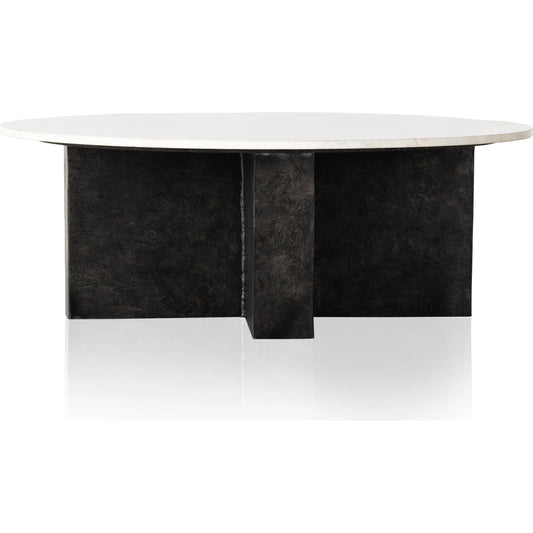 Terrell Round Coffee Table by Four Hands in raw black, polished white marble. Made from solid marble, aluminum, engineered hardwood in a modern style.