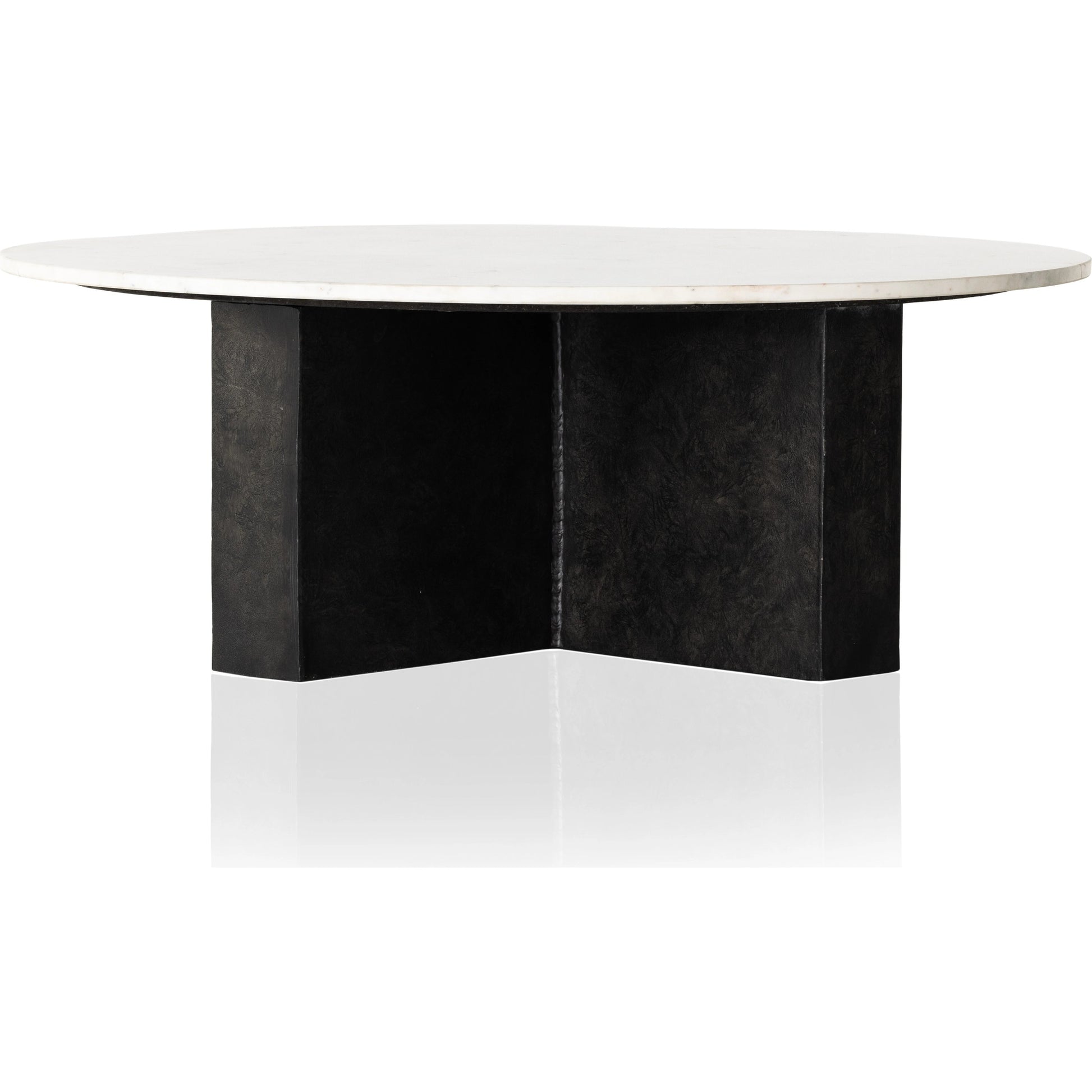 Terrell Round Coffee Table by Four Hands in raw black, polished white marble. Made from solid marble, aluminum, engineered hardwood in a modern style.