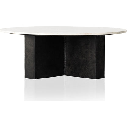 Terrell Round Coffee Table by Four Hands in raw black, polished white marble. Made from solid marble, aluminum, engineered hardwood in a modern style.
