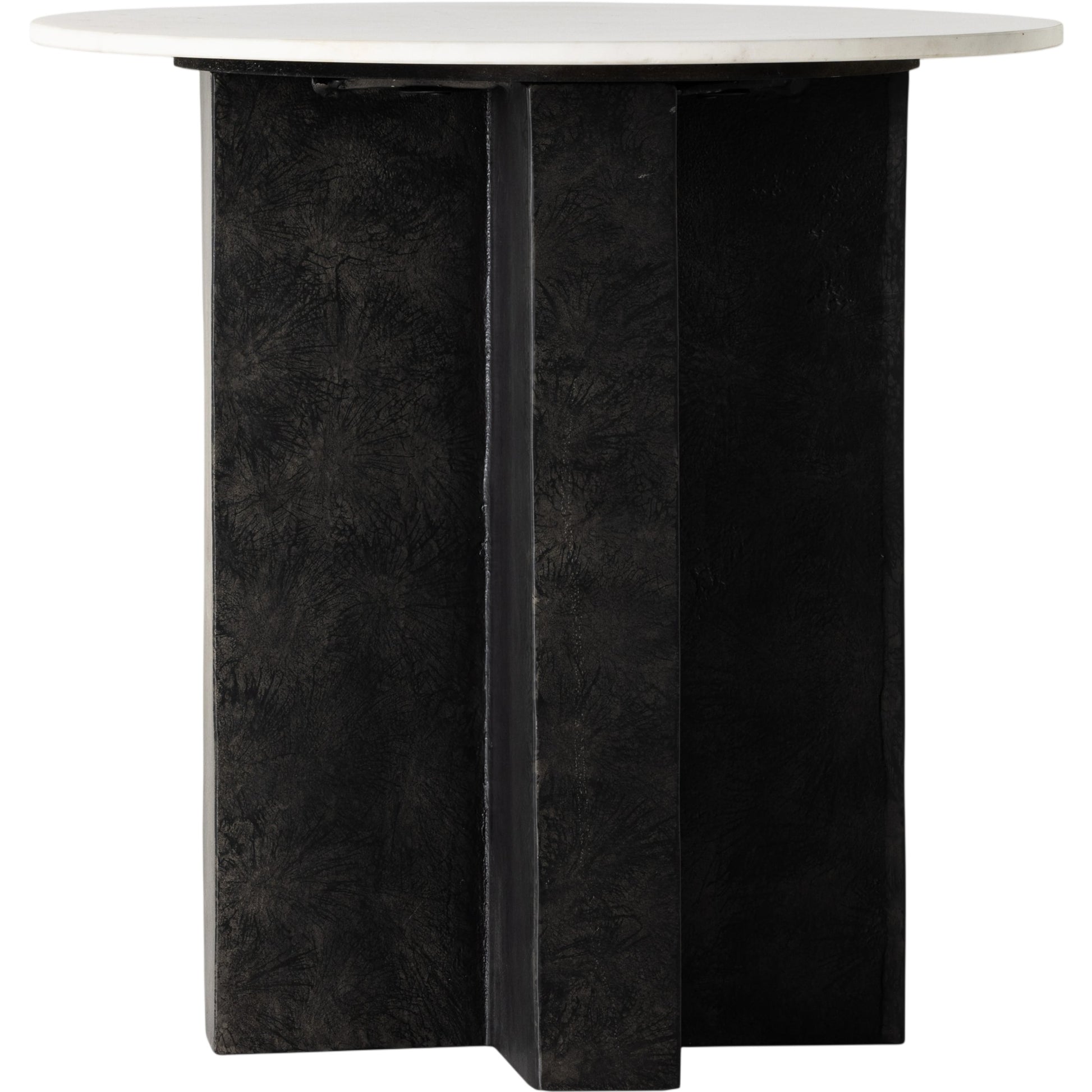 Terrell Round End Table by Four Hands in raw black, polished white marble. Made from solid marble, aluminum, engineered hardwood in a modern style.